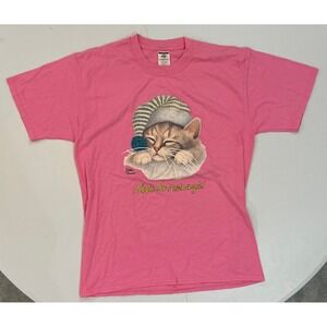 VTG Y2K Cat Cute Pink I Dont Do Mornings T Shirt Womens L Soft Girl Kawaii